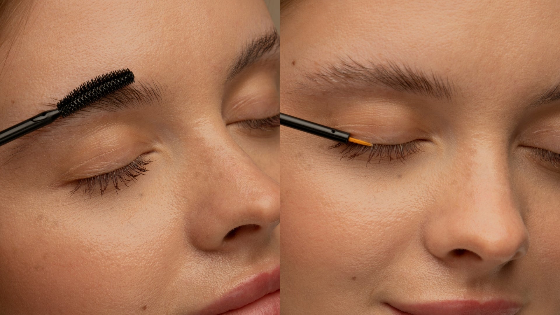 Nahaufnahme geschlossener Augen bei der Anwendung von Kosmetikprodukten: Links wird eine Augenbraue mit einer Bürste gestylt, rechts wird ein pflegendes Serum mit einem feinen Pinsel am Wimpernansatz aufgetragen.