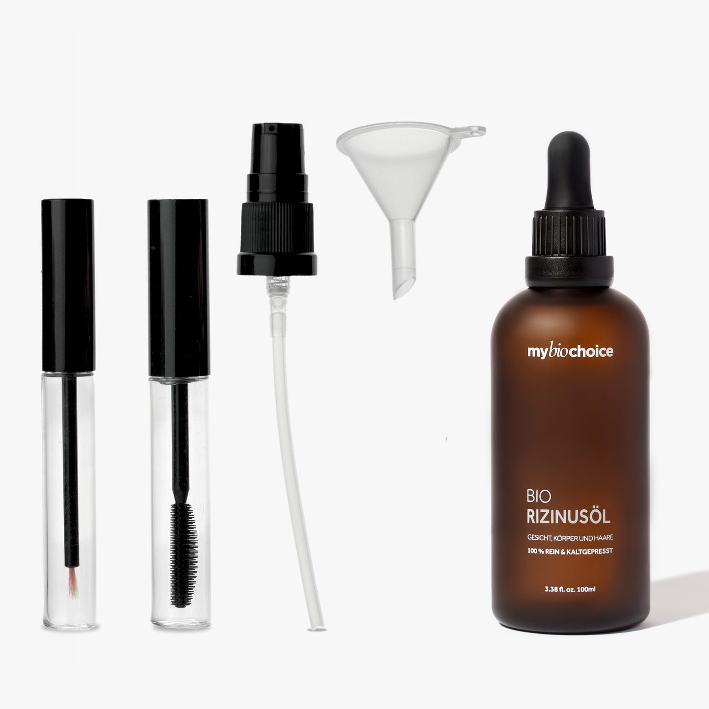 mybiochoice bio olejek rycynowy 100ml, tłoczony na zimno w matowej brązowej butelce z pipetą z zestawem do brwi i rzęs.