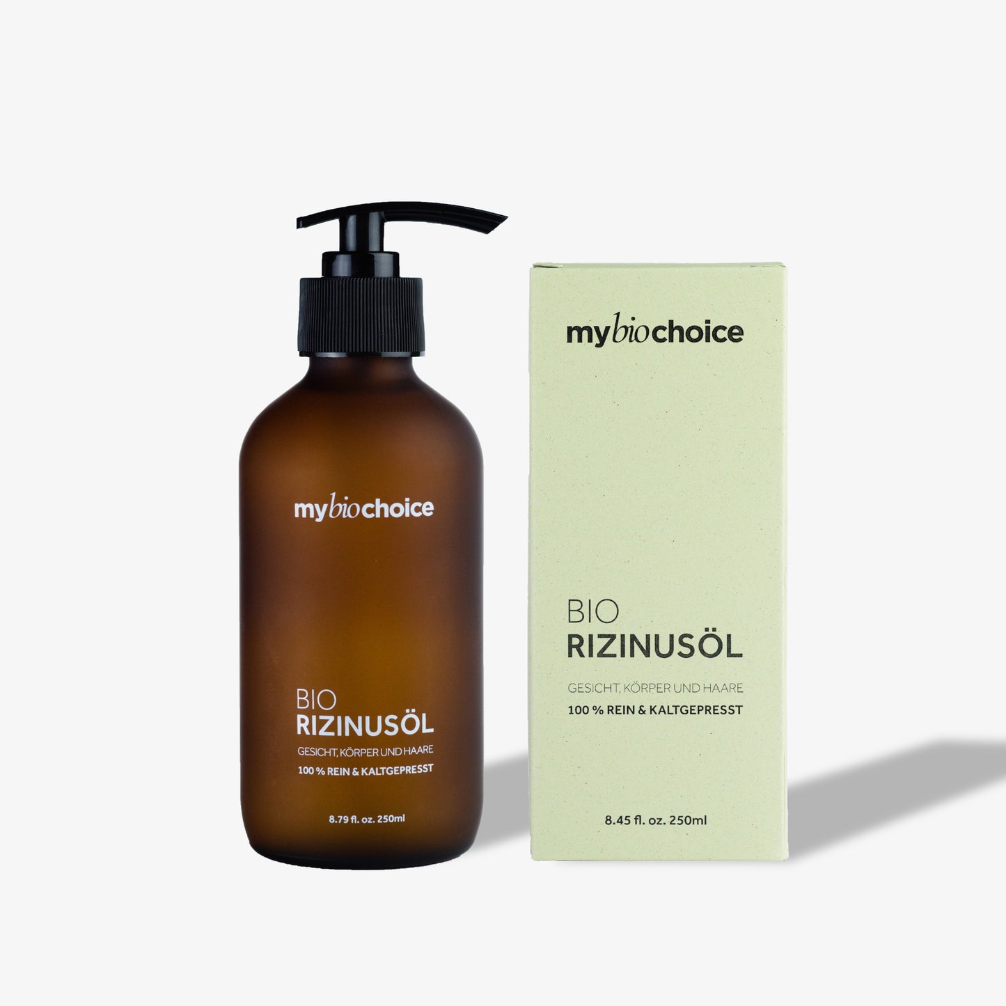 mybiochoice bio olejek rycynowy 250ml, tłoczony na zimno w matowej brązowej butelce z pompką, do twarzy, ciała i włosów.