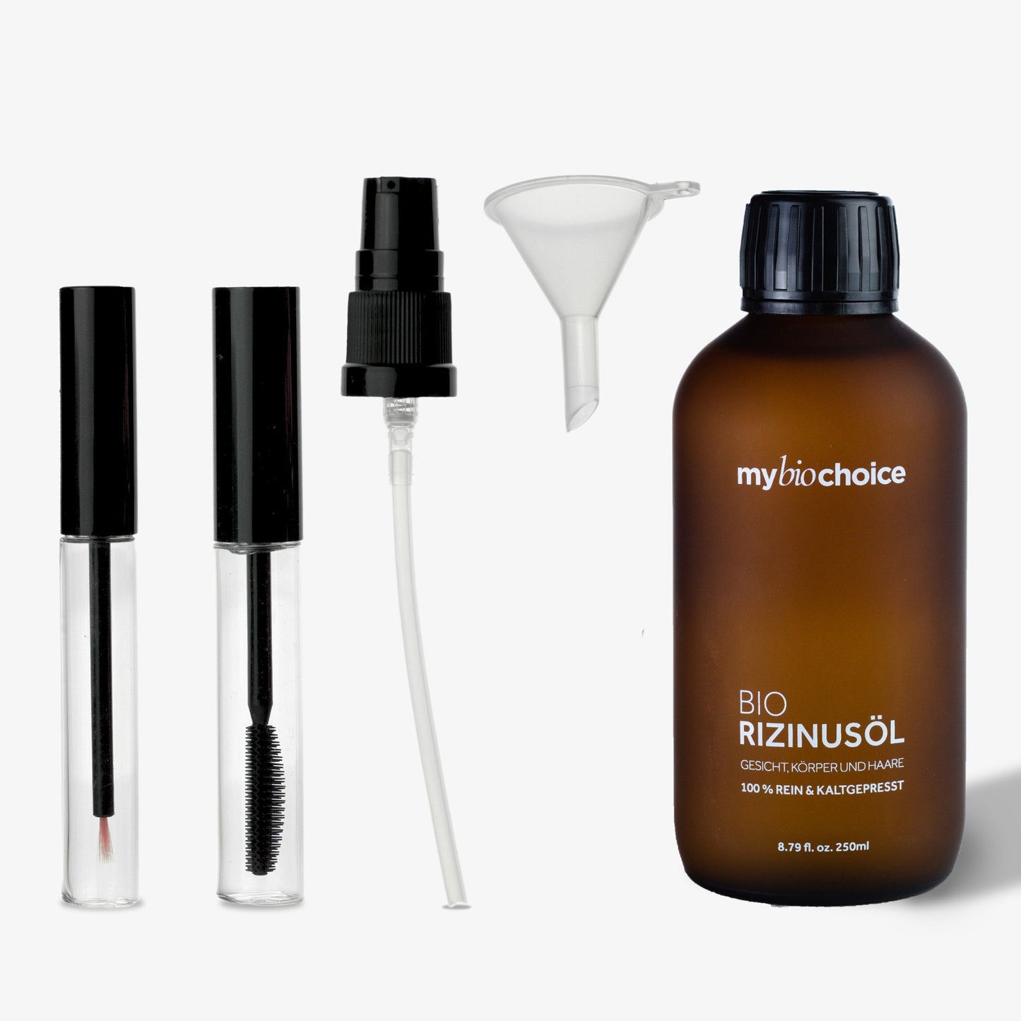 mybiochoice bio olejek rycynowy 250ml, tłoczony na zimno w matowej brązowej butelce z pipetą, zestaw do brwi i rzęs.