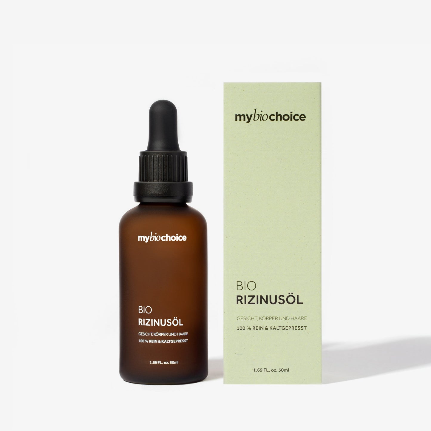 mybiochoice bio olejek rycynowy 50ml, tłoczony na zimno w matowej brązowej butelce z pipetą, do twarzy, ciała i włosów.
