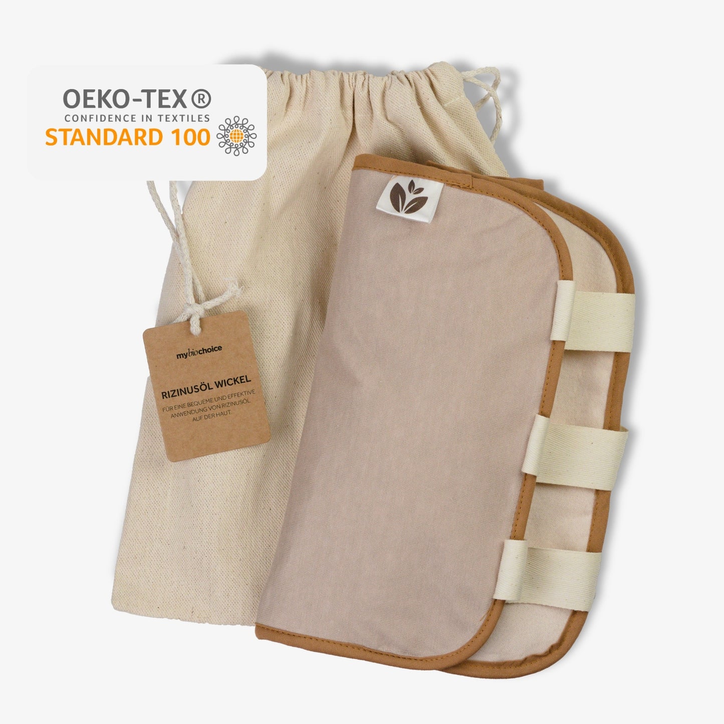 Bawełniana jasna opaska do okładów z oleju rycynowego mybiochoice z certyfikatem OEKO-TEX® w woreczku z naturalnej tkaniny.