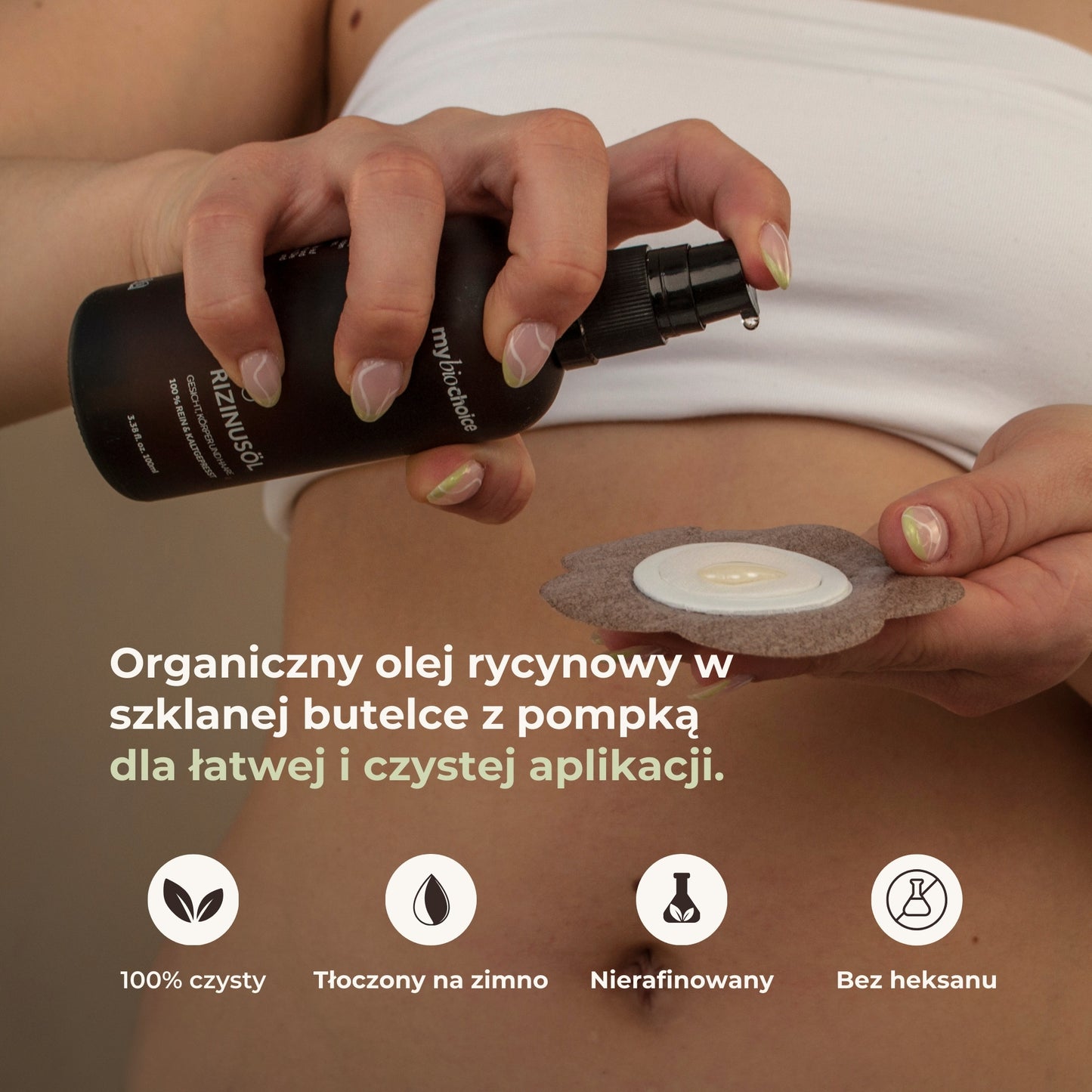 Aplikacja organicznego oleju rycynowego mybiochoice w szklanej butelce z pompką na plaster.