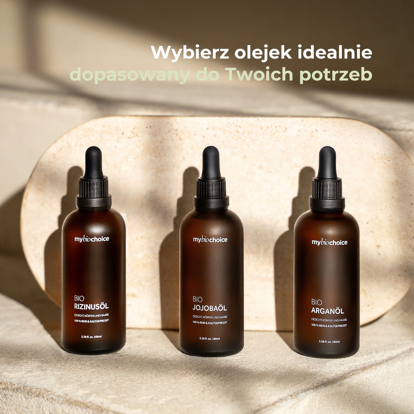 Trzy bio olejki mybiochoice – rycynowy, jojoba i arganowy – wybierz dopasowany do swoich potrzeb.