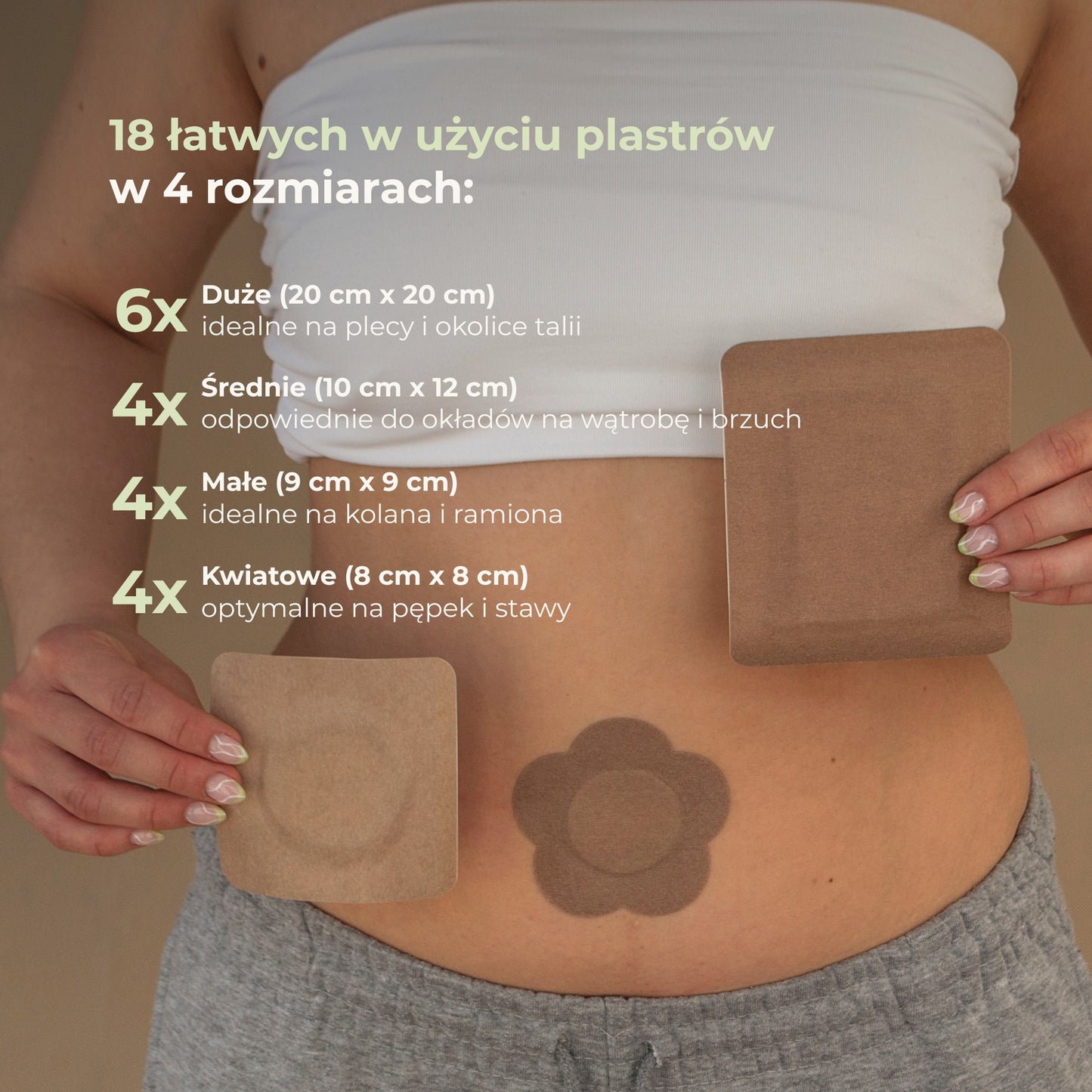 Zestaw 18 plastrów do oleju rycynowego mybiochoice w 4 rozmiarach: duże, średnie, małe i kwiatowe.