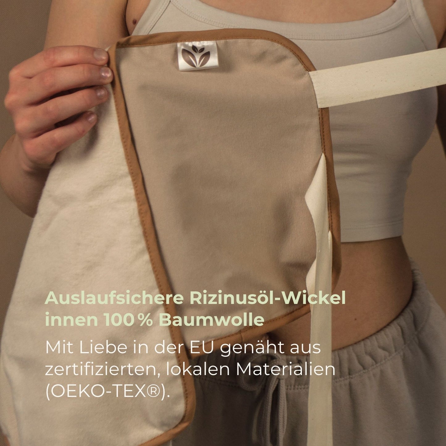 Leckagefreier Rizinusöl-Wickel mit Innenfutter aus 100 % Baumwolle – hergestellt in der EU aus OEKO-TEX®-zertifizierten Materialien.