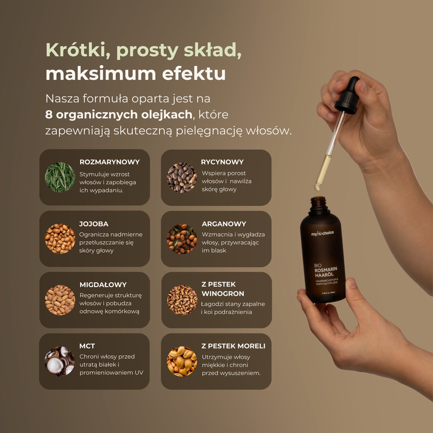Skład olejku rozmarynowego do włosów mybiochoice oparty na 8 organicznych olejkach do pielęgnacji włosów.