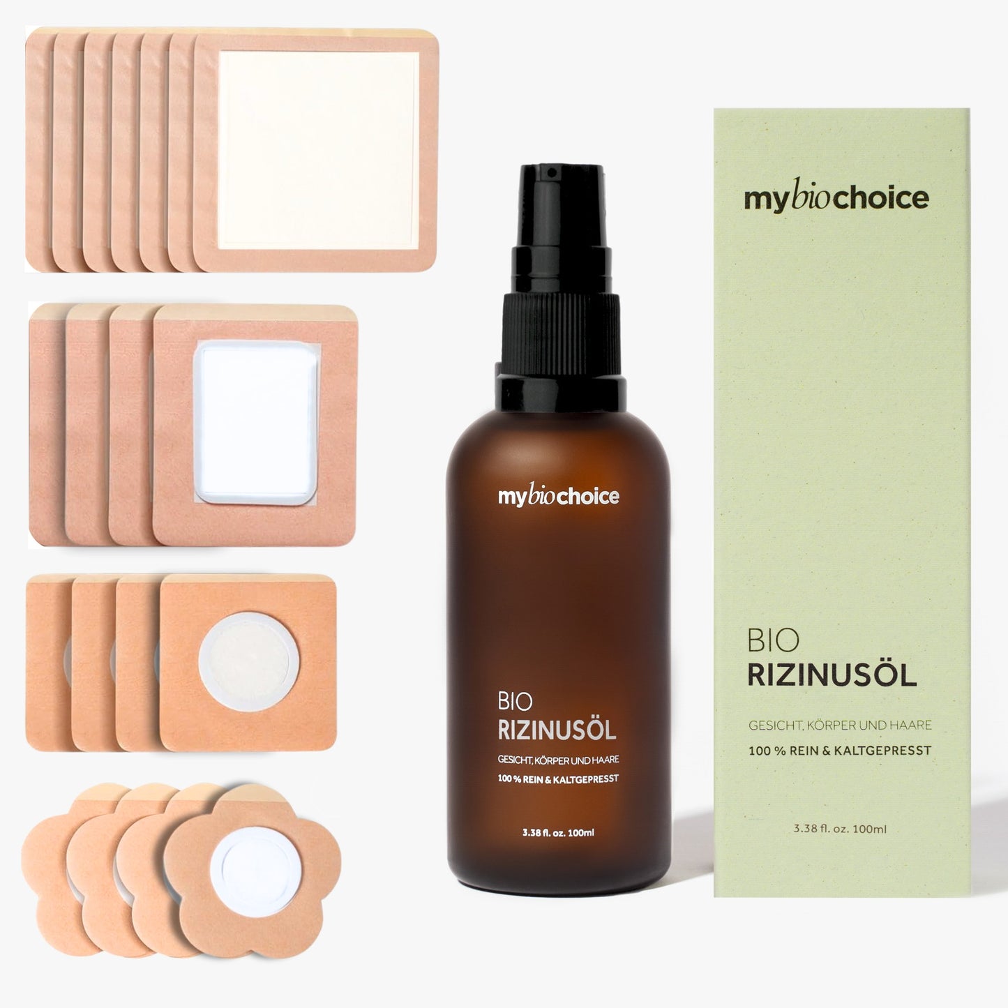Zestaw: 18 plastrów do oleju rycynowego w różnych rozmiarach i bio olej rycynowy w brązowej butelce 100ml mybiochoice