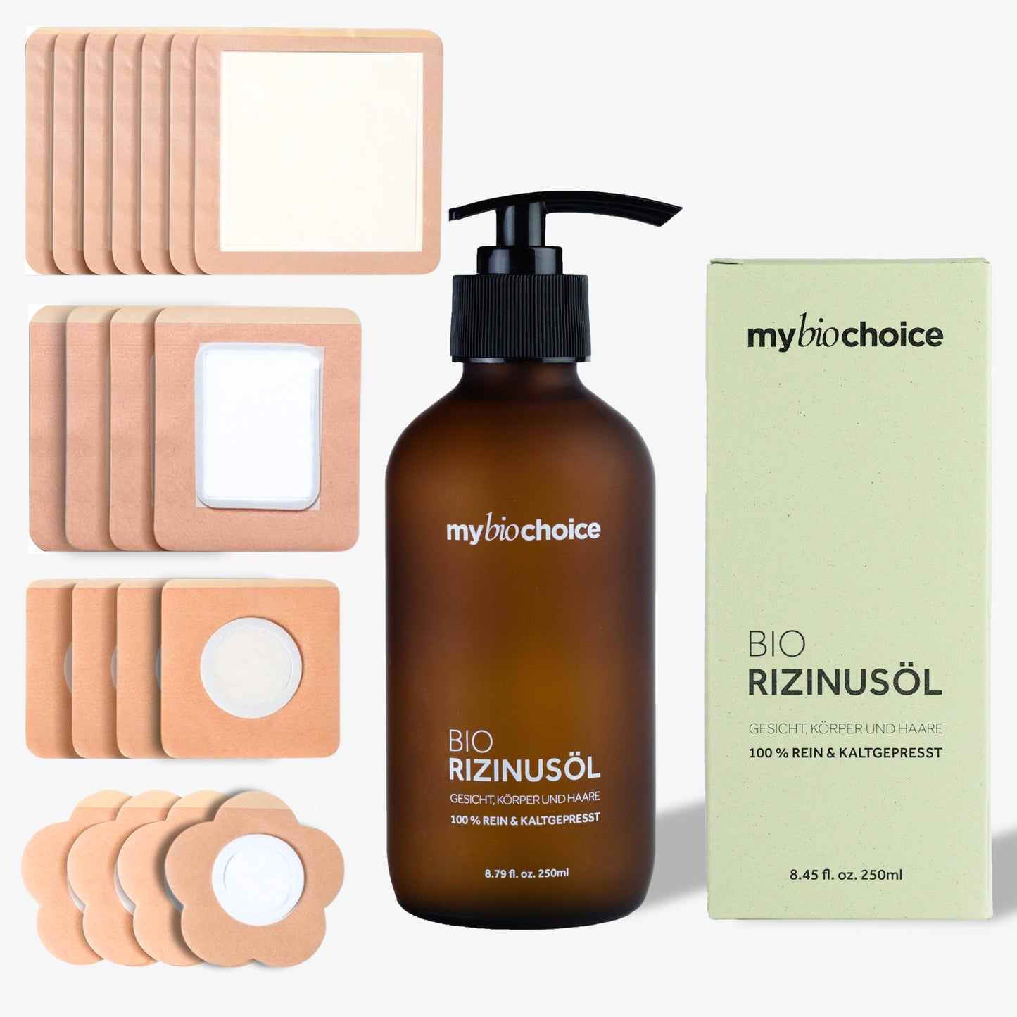 Zestaw: 18 plastrów do oleju rycynowego w różnych rozmiarach i bio olej rycynowy w brązowej butelce 250ml mybiochoice