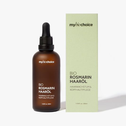 mybiochoice bio olejek do włosów z rozmarynem w butelce 100ml z opakowaniem, na porost włosów i pielęgnację skóry głowy