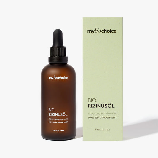 mybiochoice bio olejek rycynowy 100ml, tłoczony na zimno w matowej brązowej butelce z pipetą i zielonym kartonikiem