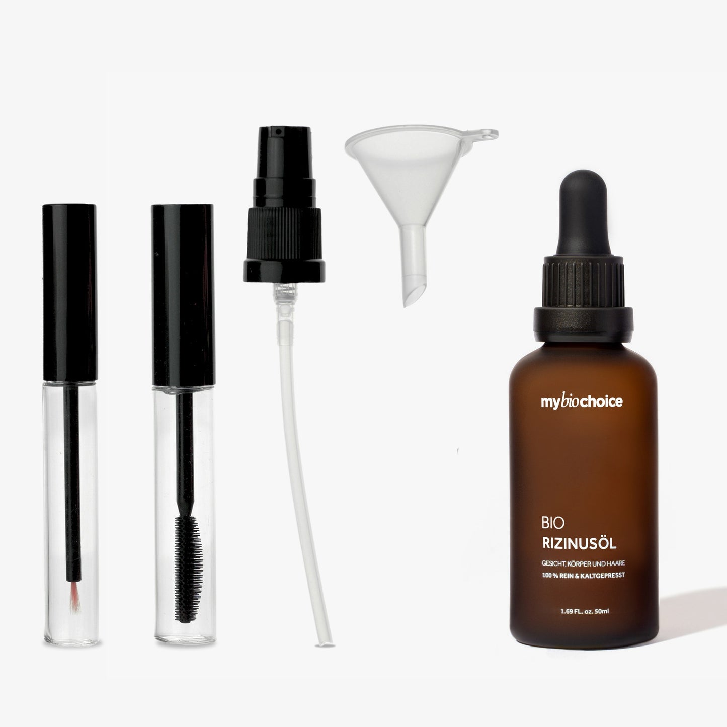 mybiochoice bio olejek rycynowy 50ml, tłoczony na zimno w matowej brązowej butelce z pipetą z zestawem do brwi i rzęs.