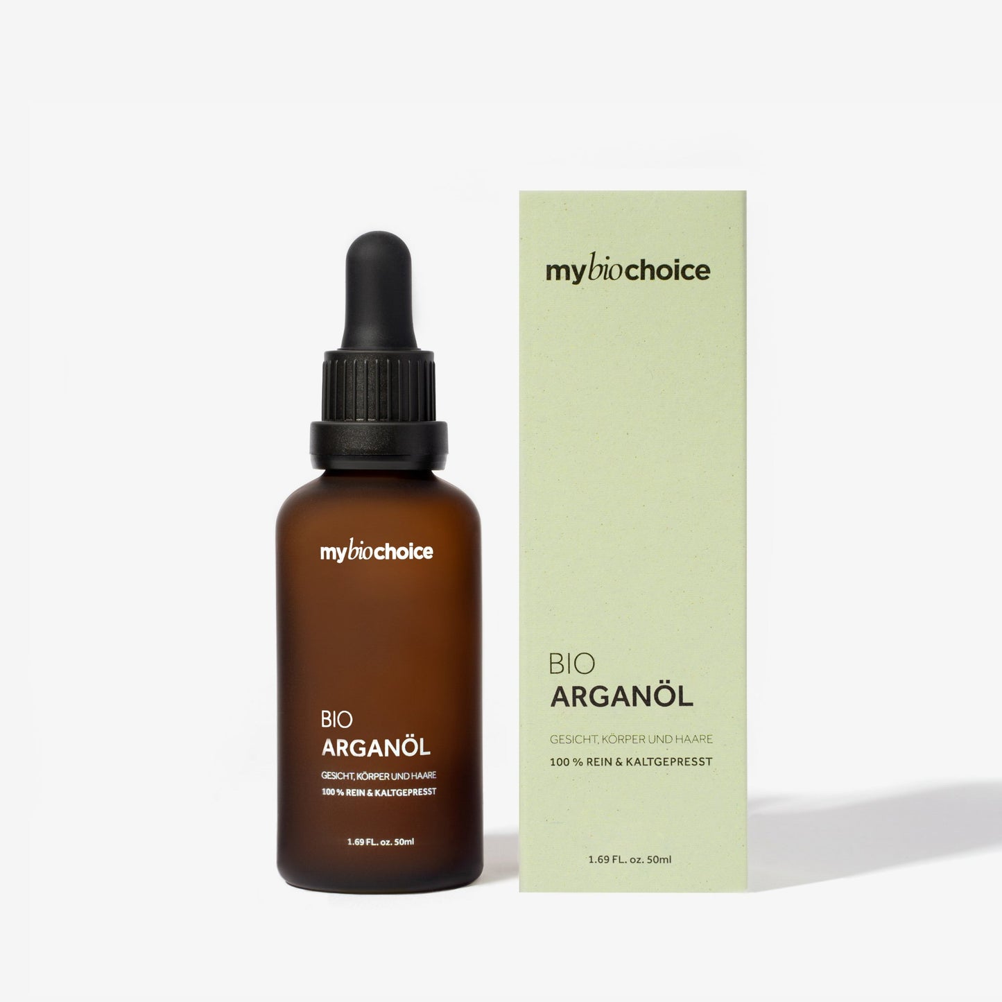 mybiochoice bio olejek arganowy 50ml, tłoczony na zimno w matowej brązowej butelce z pipetą, do twarzy, ciała i włosów.