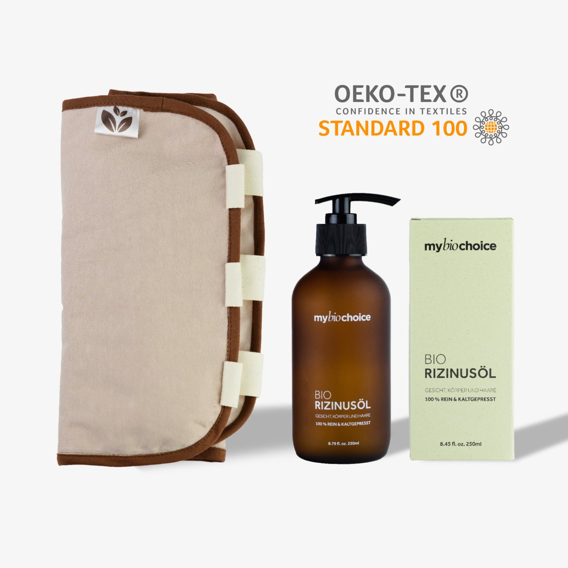 Zestaw do okładów z olejem rycynowym mybiochoice – opaska bawełniana z OEKO-TEX® i brązowa butelka oleju rycynowego 250 ml.