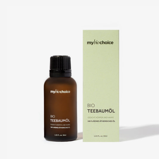 Olejek z drzewa herbacianego mybiochoice 30 ml z opakowaniem na białym tle