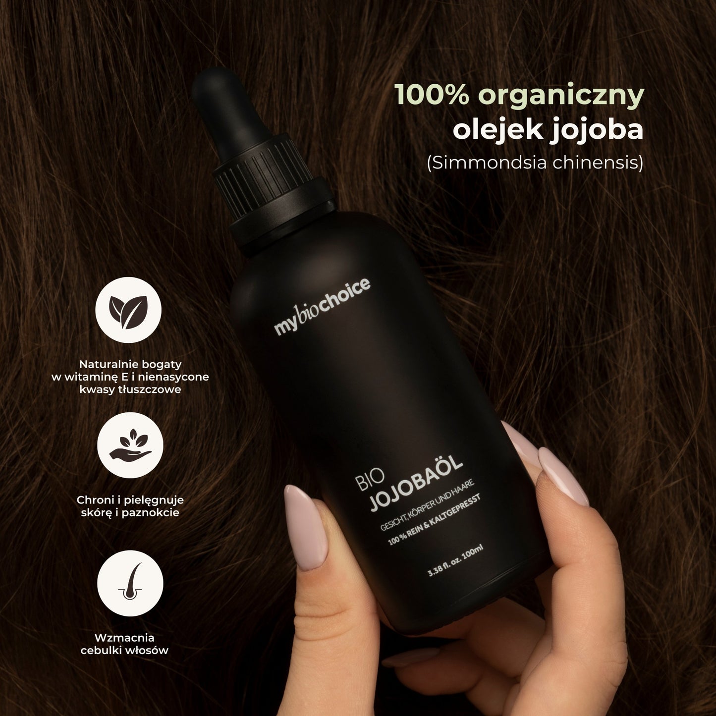 Butelka 50 ml z olejkiem jojoba mybiochoice z pipetą i kartonikiem w tle