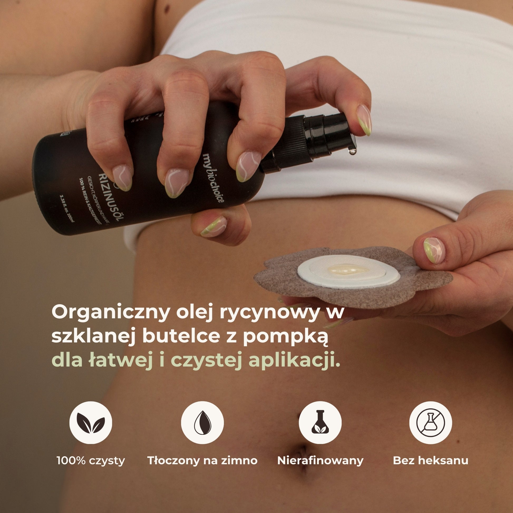 Aplikacja organicznego oleju rycynowego mybiochoice w szklanej butelce z pompką na plaster.