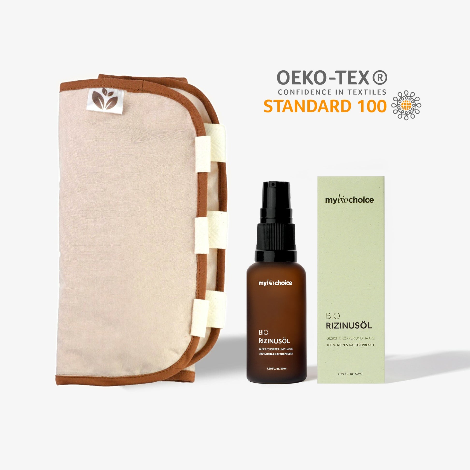 Zestaw do okładów z olejem rycynowym mybiochoice – opaska bawełniana z OEKO-TEX® i brązowa butelka oleju rycynowego 50 ml.