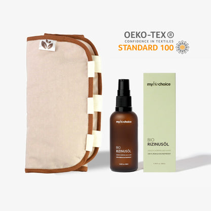 Zestaw do okładów z olejem rycynowym mybiochoice – opaska bawełniana z OEKO-TEX® i brązowa butelka oleju rycynowego 100 ml.