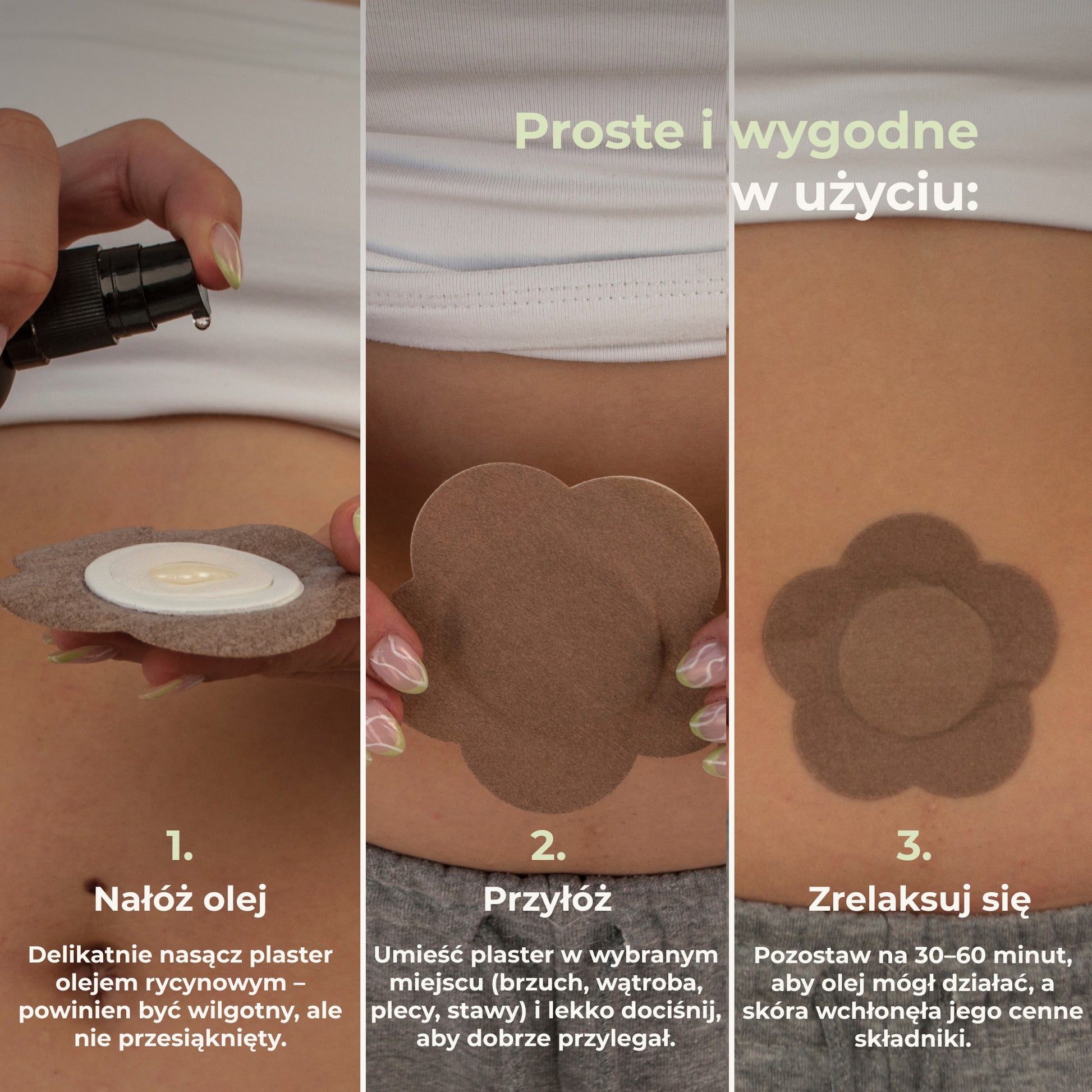 Instrukcja stosowania plastrów z olejem rycynowym mybiochoice – nałóż olej, przyłóż plaster i zrelaksuj się.
