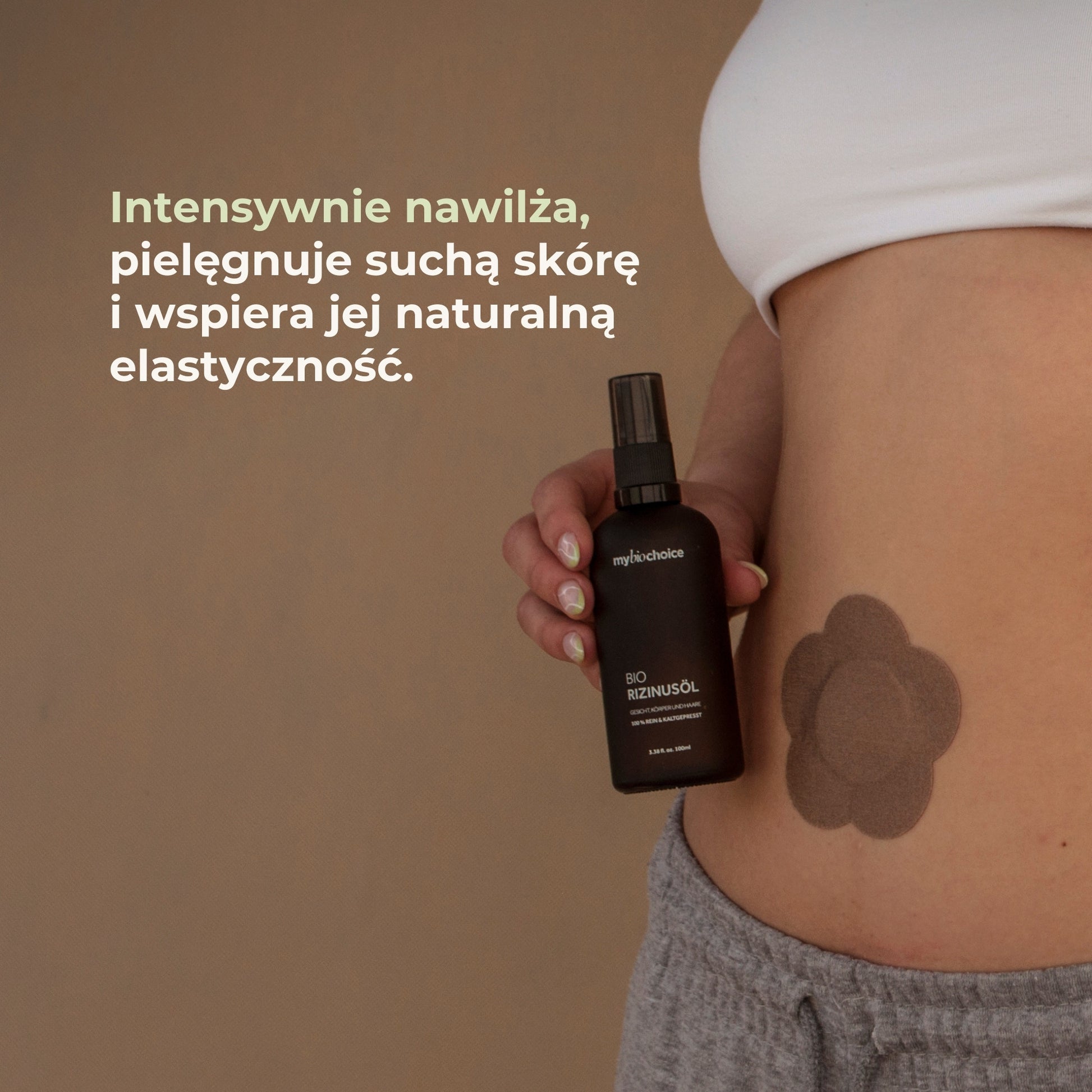 Plaster z olejem rycynowym na brzuchu – intensywne nawilżenie, pielęgnacja suchej skóry i wsparcie elastyczności.