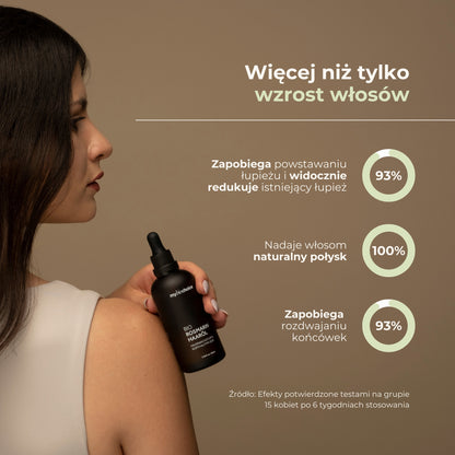 Kobieta prezentuje olejek mybiochoice z rozmarynem – wyniki testów potwierdzające działanie na włosy i skórę głowy.