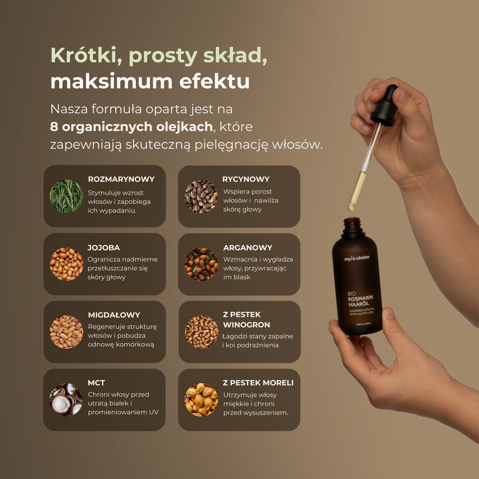 Skład olejku rozmarynowego do włosów mybiochoice oparty na 8 organicznych olejkach do pielęgnacji włosów.