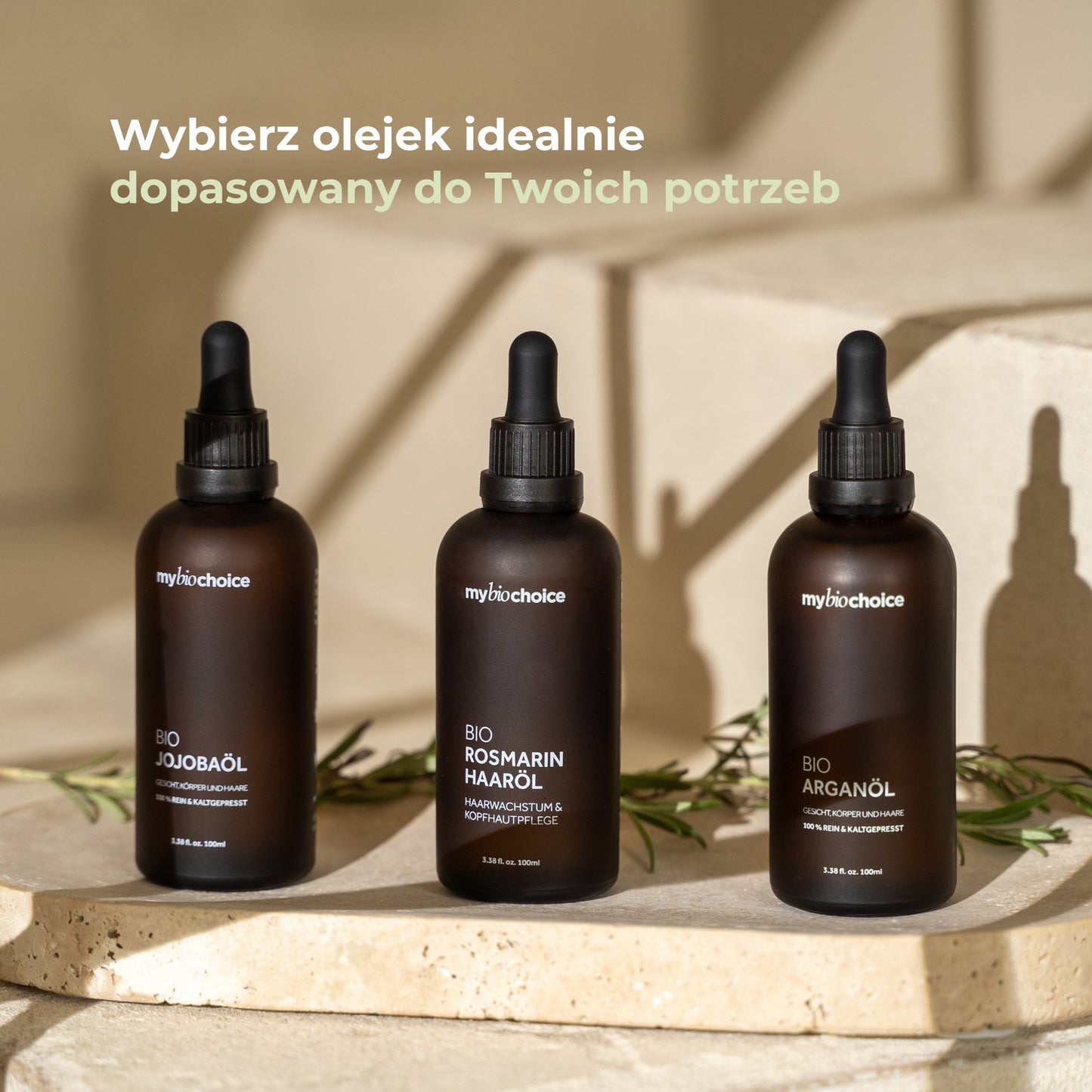 Trzy olejki mybiochoice – arganowy, rozmarynowy do włosów i jojoba – dobierz idealny do potrzeb.