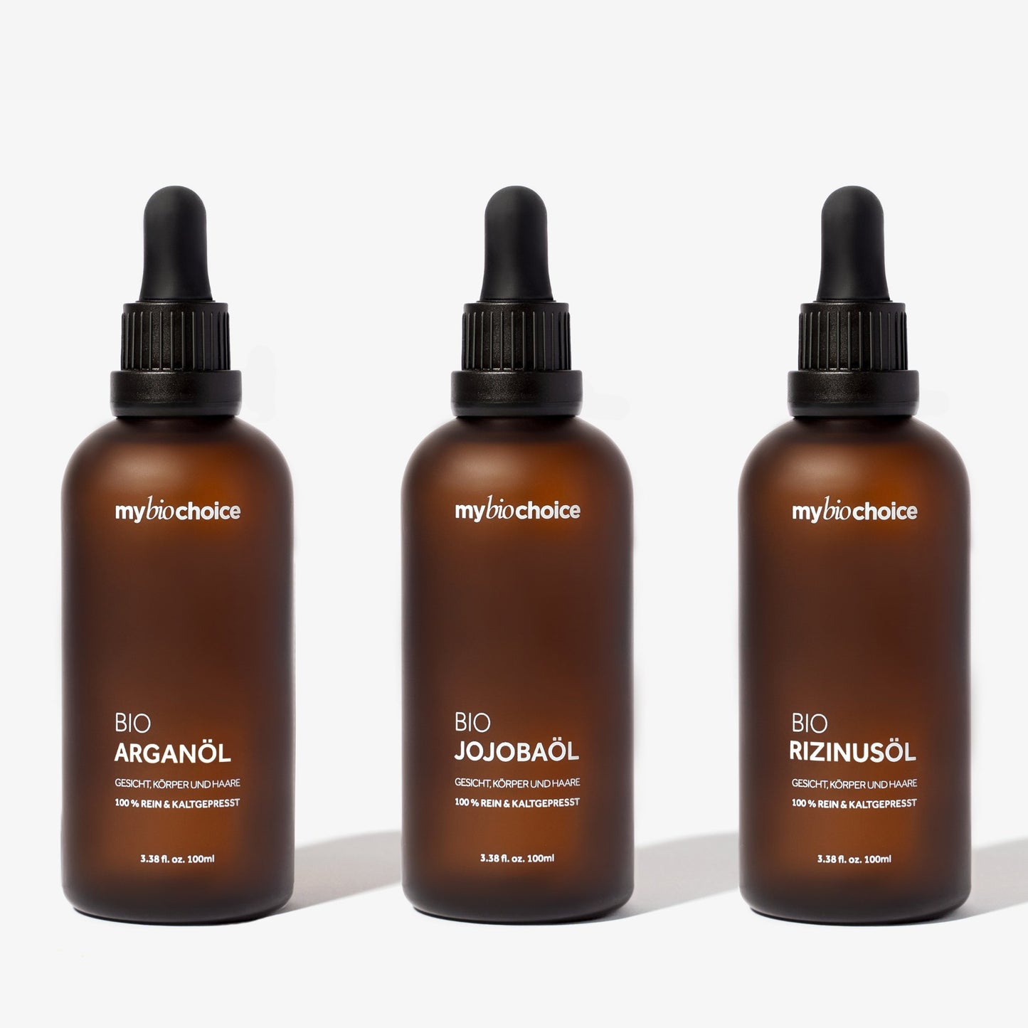 Zestaw trzech bio olejków mybiochoice – arganowy, jojoba i rycynowy w butelkach 100 ml z pipetą.