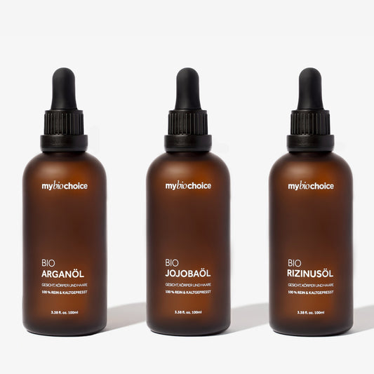 Zestaw trzech bio olejków mybiochoice – arganowy, jojoba i rycynowy w butelkach 100 ml z pipetą.