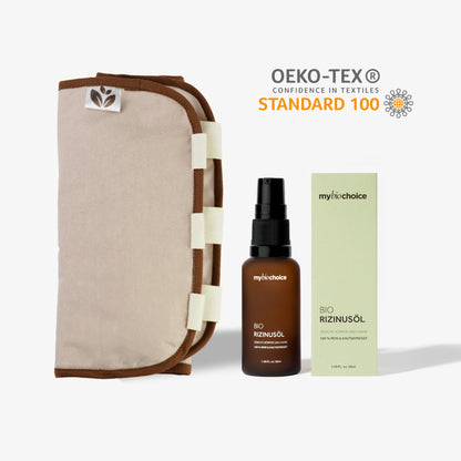 Zestaw do okładów z oleju rycynowego mybiochoice – opaska bawełniana OEKO-TEX® i olej rycynowy 50 ml.