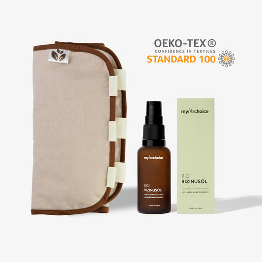 Zestaw do okładów z oleju rycynowego mybiochoice – opaska bawełniana OEKO-TEX® i olej rycynowy 50 ml.