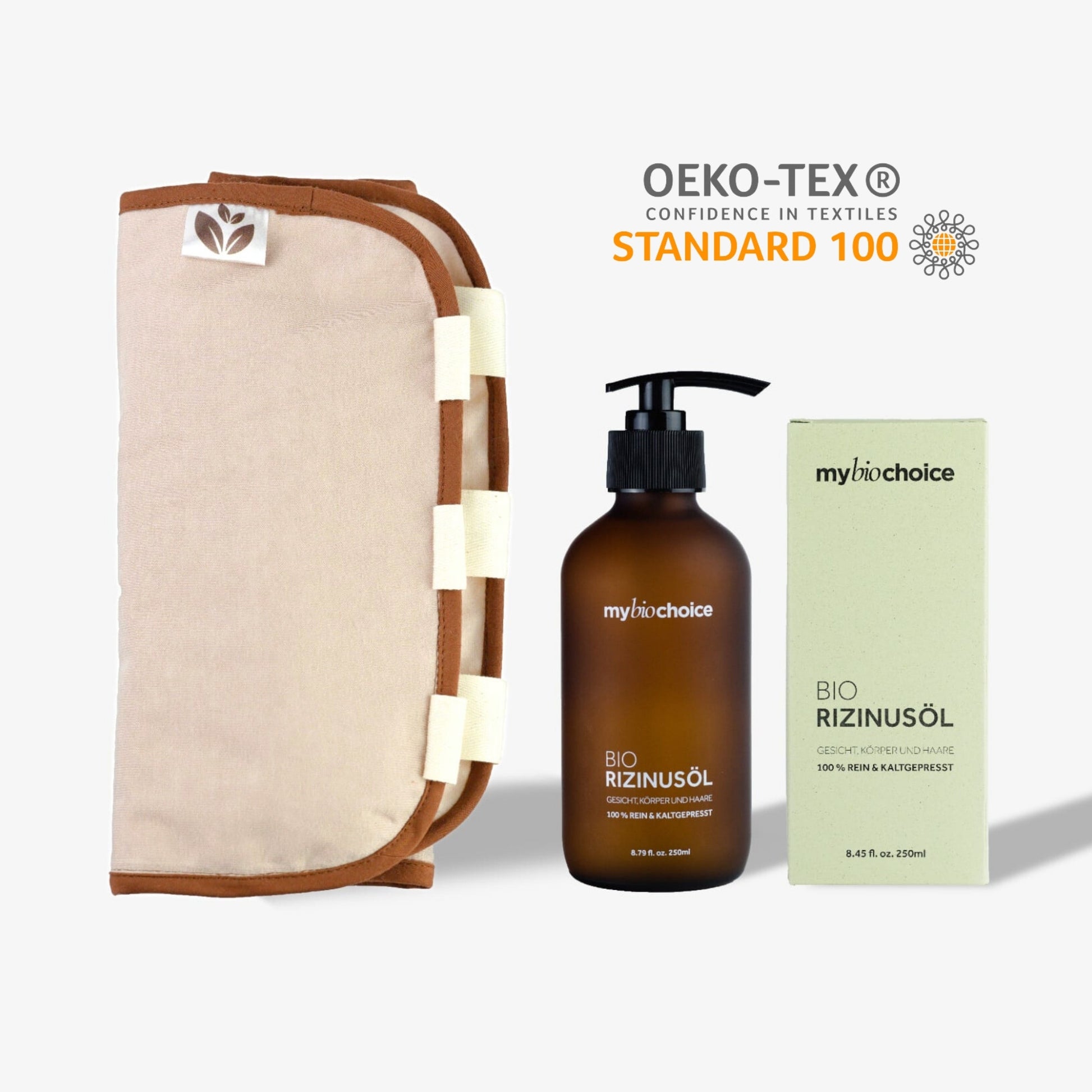 Zestaw do okładów z olejem rycynowym mybiochoice – opaska bawełniana z OEKO-TEX® i brązowa butelka oleju rycynowego 250 ml.