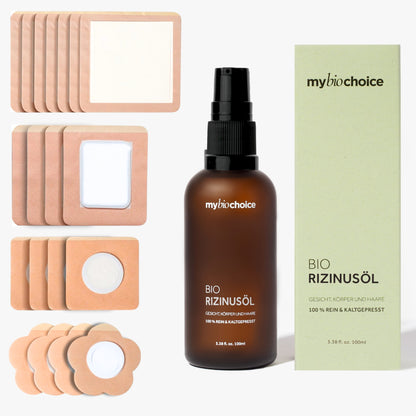 Zestaw: 18 plastrów do oleju rycynowego w różnych rozmiarach i bio olej rycynowy w brązowej butelce 100ml mybiochoice