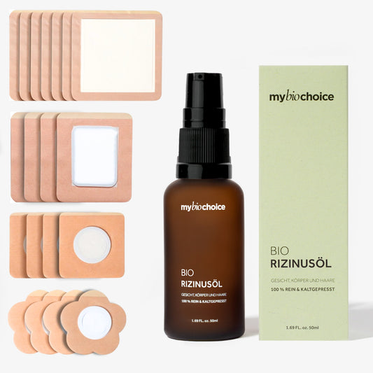 Zestaw: 18 plastrów do oleju rycynowego w różnych rozmiarach i bio olej rycynowy w brązowej butelce 50ml mybiochoice